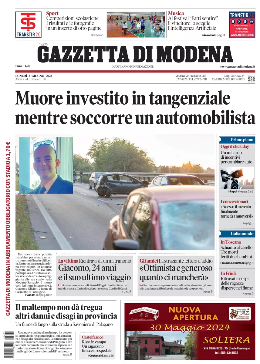 Prima-pagina-gazzetta di modena-oggi-edizione-del-2024-06-03